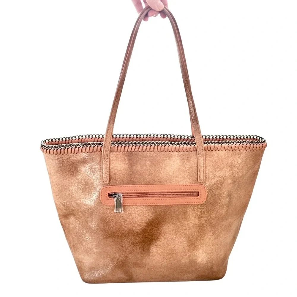 Chico's Marbled Faux Leather Large Tote Bag Blush Tan Brown Metal Chain Trim NEW